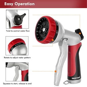 RESTMO Garden Hose Nozzle, Heavy Duty Metal Water Hose Nozzle with 7 Adjustable Spray Patterns, High Pressure Hand Sprayer with Flow Control, Best for Watering Plants & Lawns, Washing Cars & Pets, Red - Image 5
